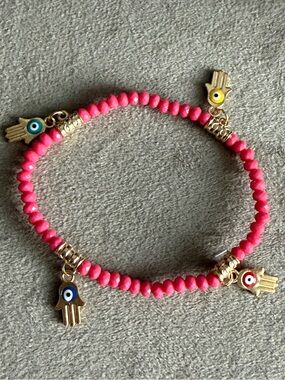 Pink Beaded Hamsa Charm Bracelet with Gold Accents